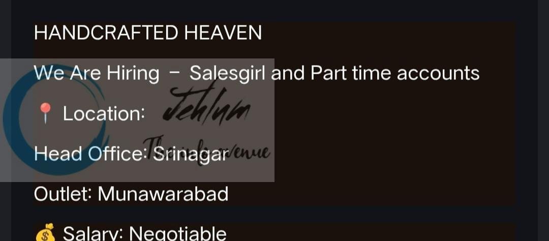 Handcrafted Heaven srinagar staff job opportunities 2026 1 Handcrafted Heaven Salesgirl Part Time Accounts Recruitment Srinagar Munawarabad Notification PDF