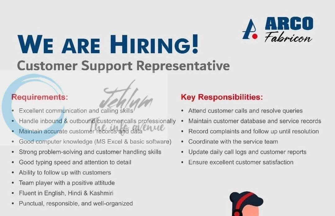 ARCO Fabricon srinagar Customer Support Representative job opportunities 2026 1 ARCO Fabricon srinagar Customer Support Representative job opportunities 2026