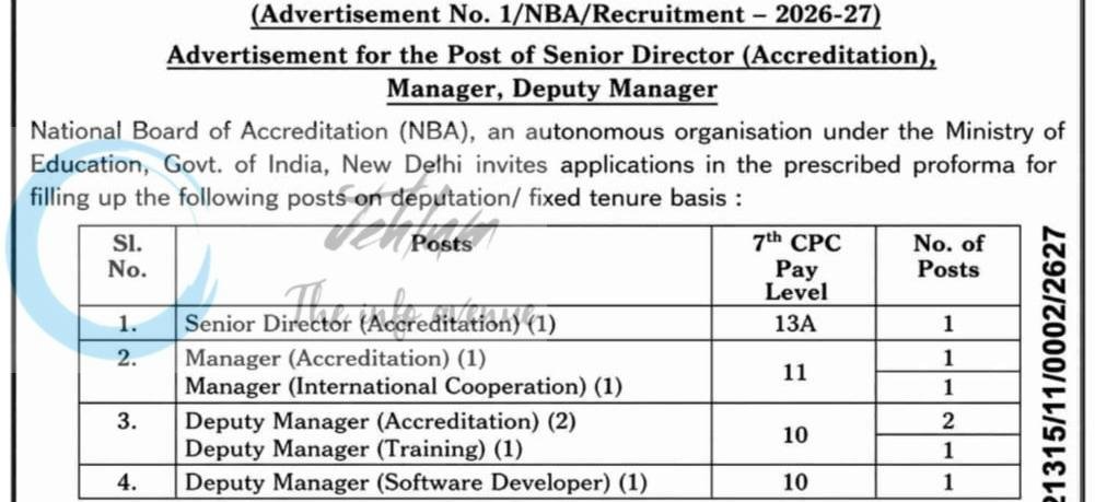National Board of Accreditation NBA New Delhi Senior Director Accreditation Manager Deputy Manager employment opportunities notice 1 NBA/2026