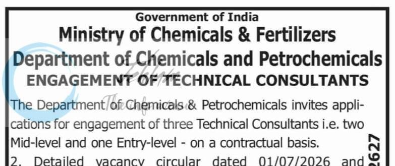 Ministry of Chemicals and Fertilizers Department of Chemicals and Petrochemicals New Delhi Technical Consultants employment opportunities notice cbc/02101/11/0005/2627 1 Ministry of Chemicals and Fertilizers Department of Chemicals and Petrochemicals New Delhi Technical Consultants employment opportunities notice cbc/02101/11/0005/2627