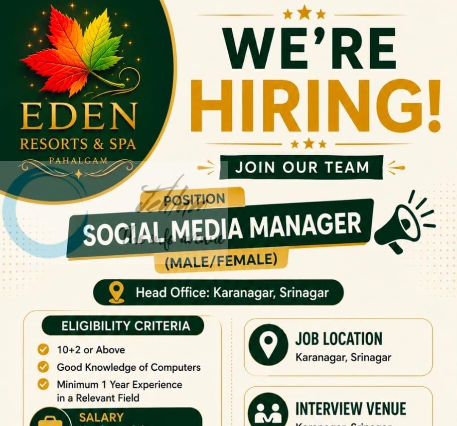 Eden Resorts and Spa Srinagar Social Media Manager job opportunities 2026