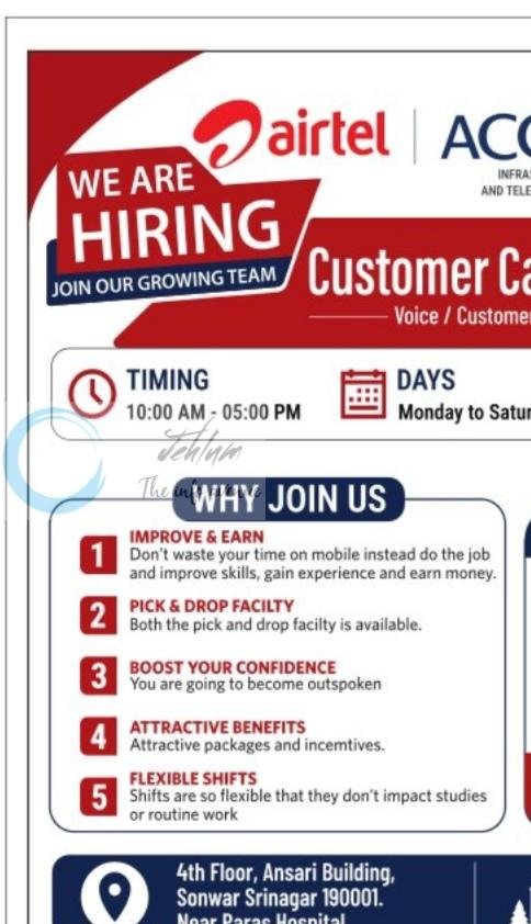 Airtel ACCESS srinagar Customer Care Executive job opportunities 2026