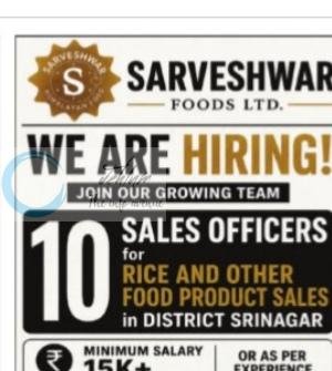 Sarveshwar Foods Ltd SFL srinagar Sales Officers job opportunities 2026