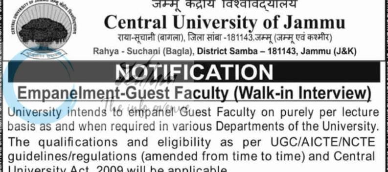 Central University of Jammu Guest Faculty employment opportunities walk in 2026
