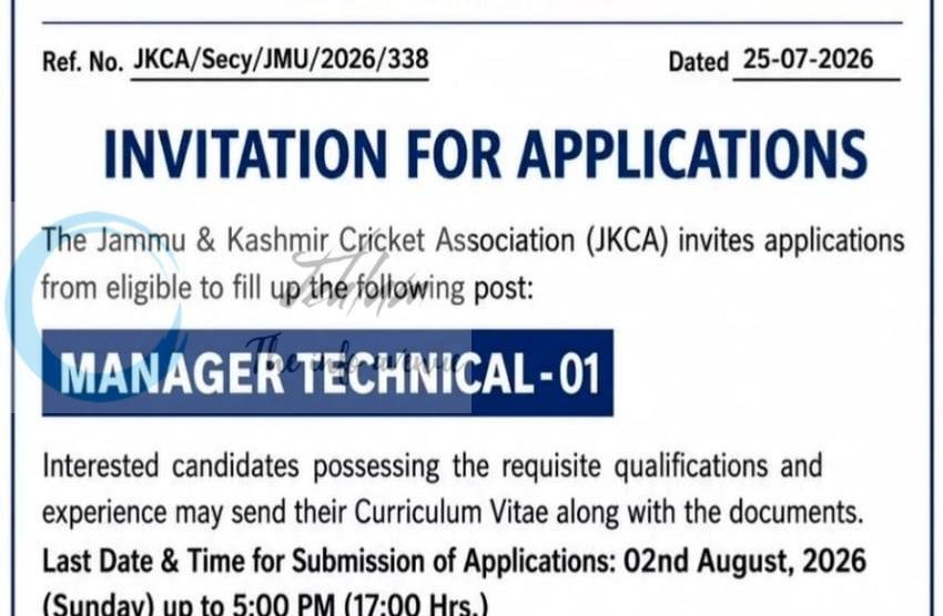 Jammu Kashmir Cricket Association jkca technical manager Job opportunities 2026 1 Jammu Kashmir Cricket Association jkca technical manager Job opportunities 2026