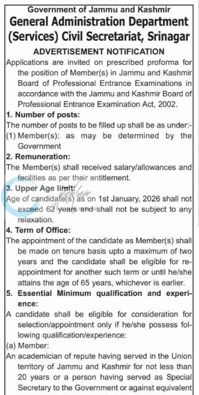 GENERAL ADMINISTRATION DEPARTMENT CIVIL SECRETARIAT SRINAGAR employment opportunities notice DIP/J-6697 1 GENERAL ADMINISTRATION DEPARTMENT CIVIL SECRETARIAT SRINAGAR employment opportunities notice DIP/J-6697