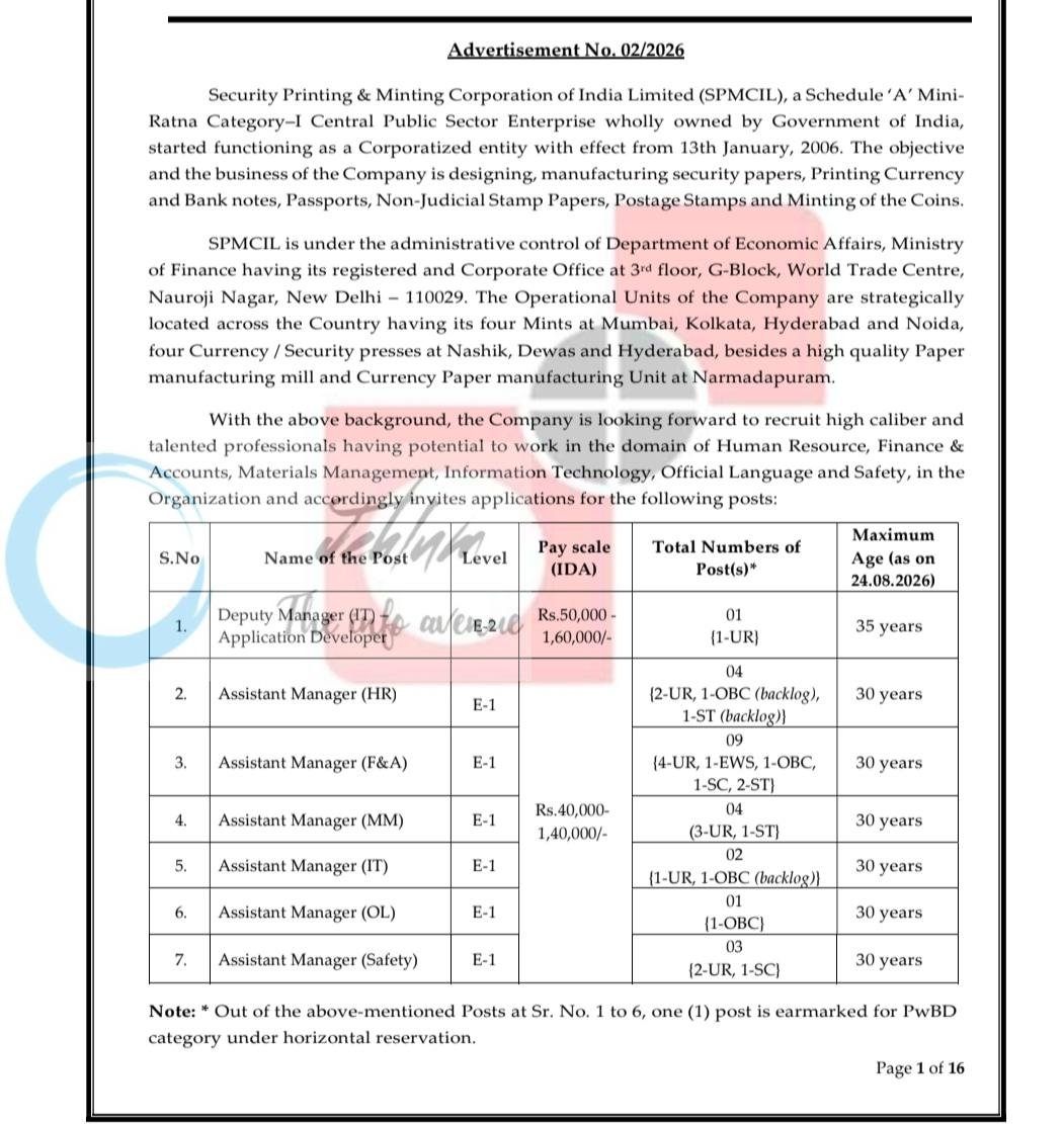 SECURITY PRINTING AND MINTING CORPORATION OF INDIA LTD SPMCIL employment opportunities notice 02/2026