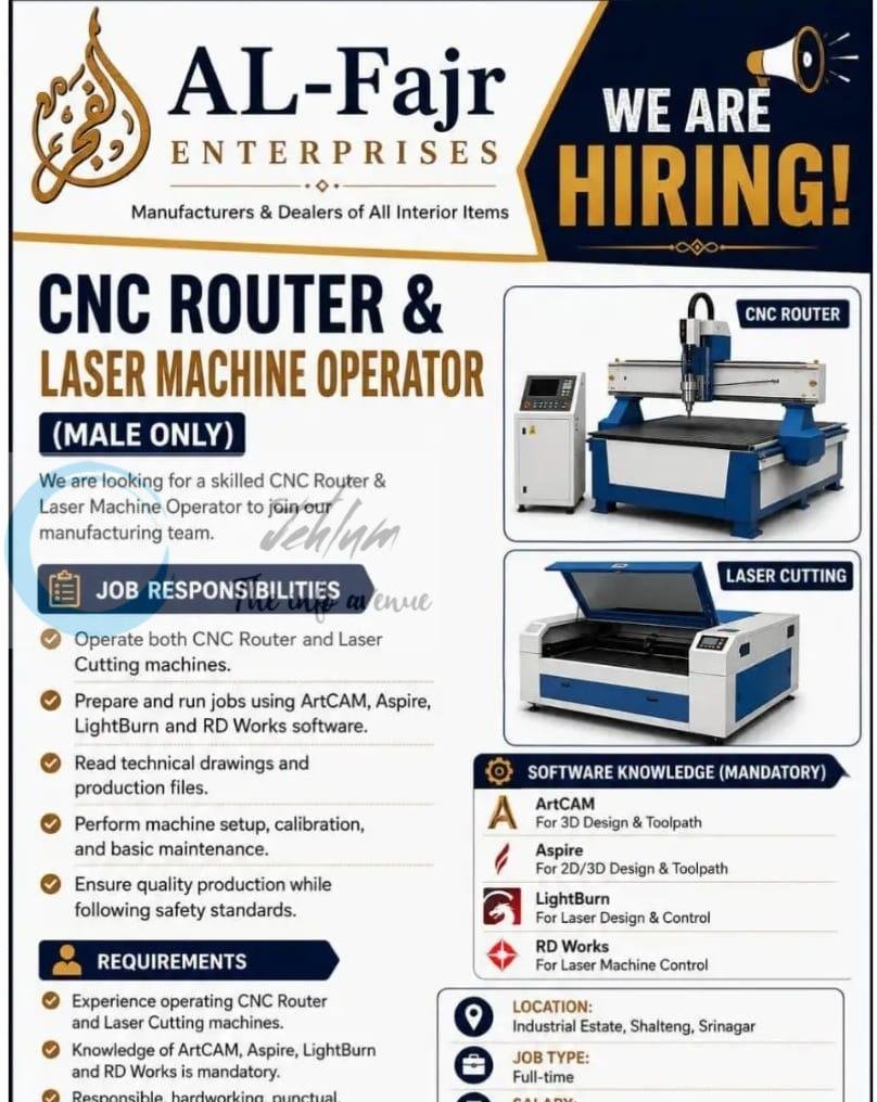 Al Fajr Enterprises srinagar CNC Router Laser Machine Operator job opportunities 2026