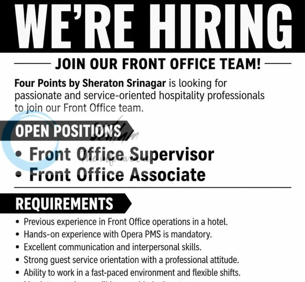 Four Points by Sheraton Srinagar Front Office Supervisor/Front Office Associate job opportunities 2026