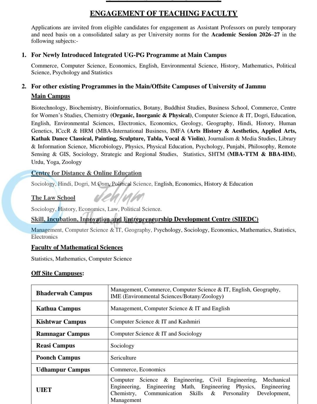 University of Jammu Teaching Faculty employment opportunities notice 2026 1 University of Jammu Teaching Faculty employment opportunities notice 2026