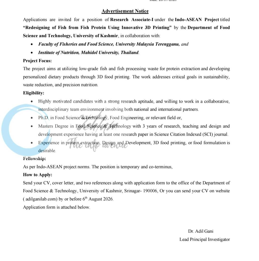 University of Kashmir KU Research Associate I employment opportunities 2026