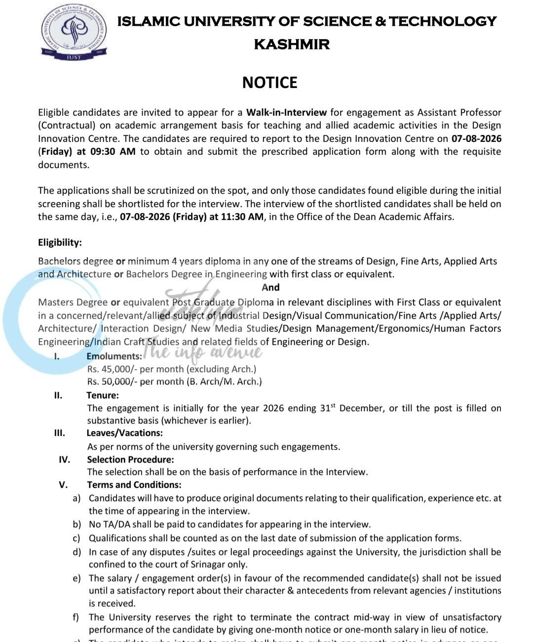 ISLAMIC UNIVERSITY OF SCIENCE and TECHNOLOGY IUST AP employment opportunities notice IUST/Academics/26/1605