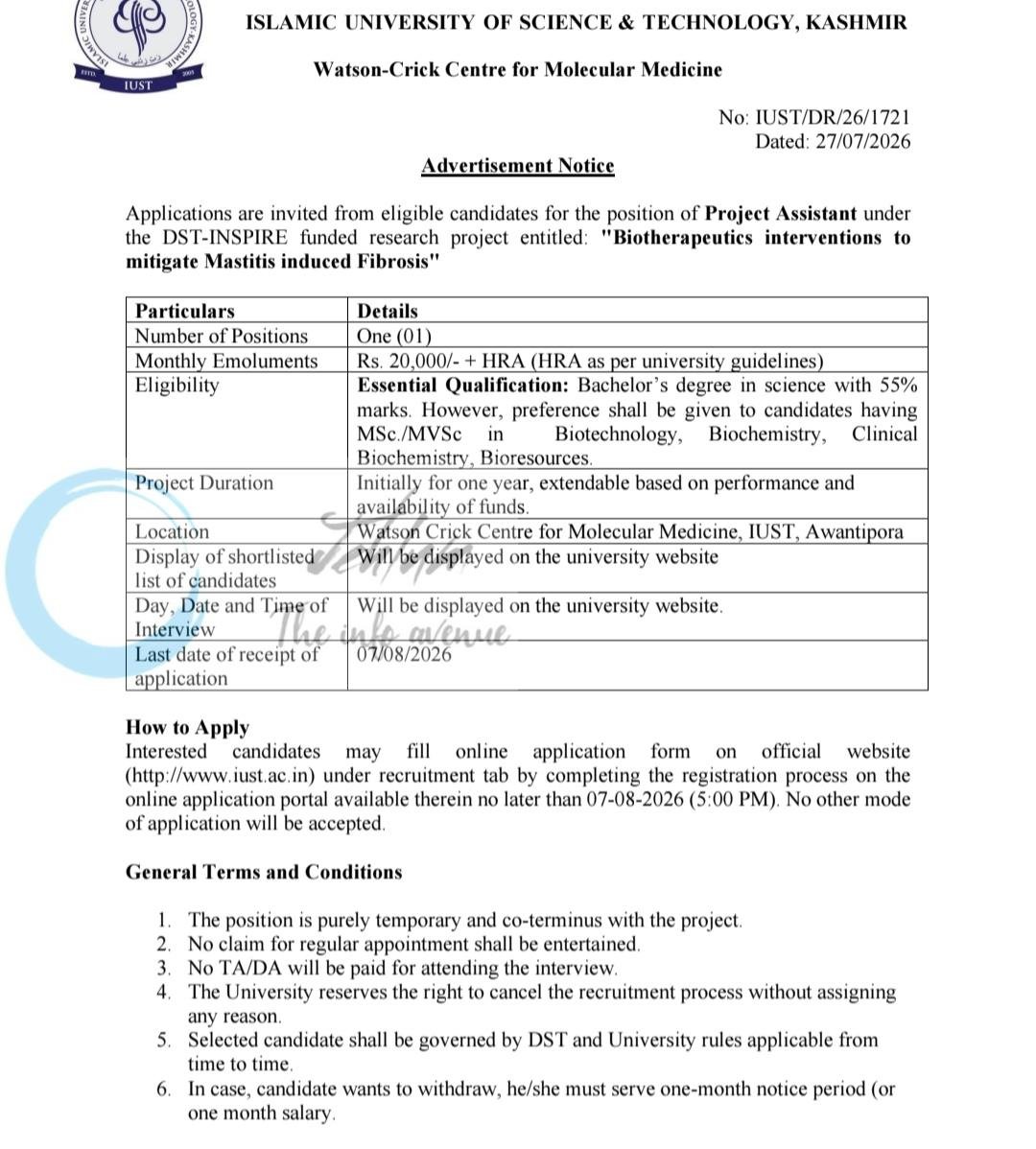 IUST Awantipora Project Assistant job opportunities notice IUST/DR/26/1721