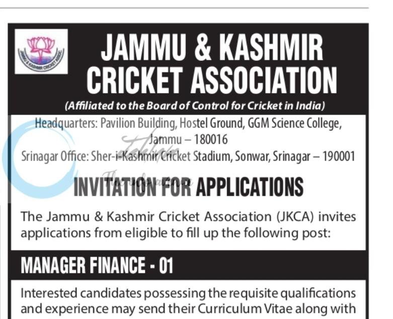 Jammu and Kashmir Cricket Association JKCA Manager Finance employment opportunities 2026