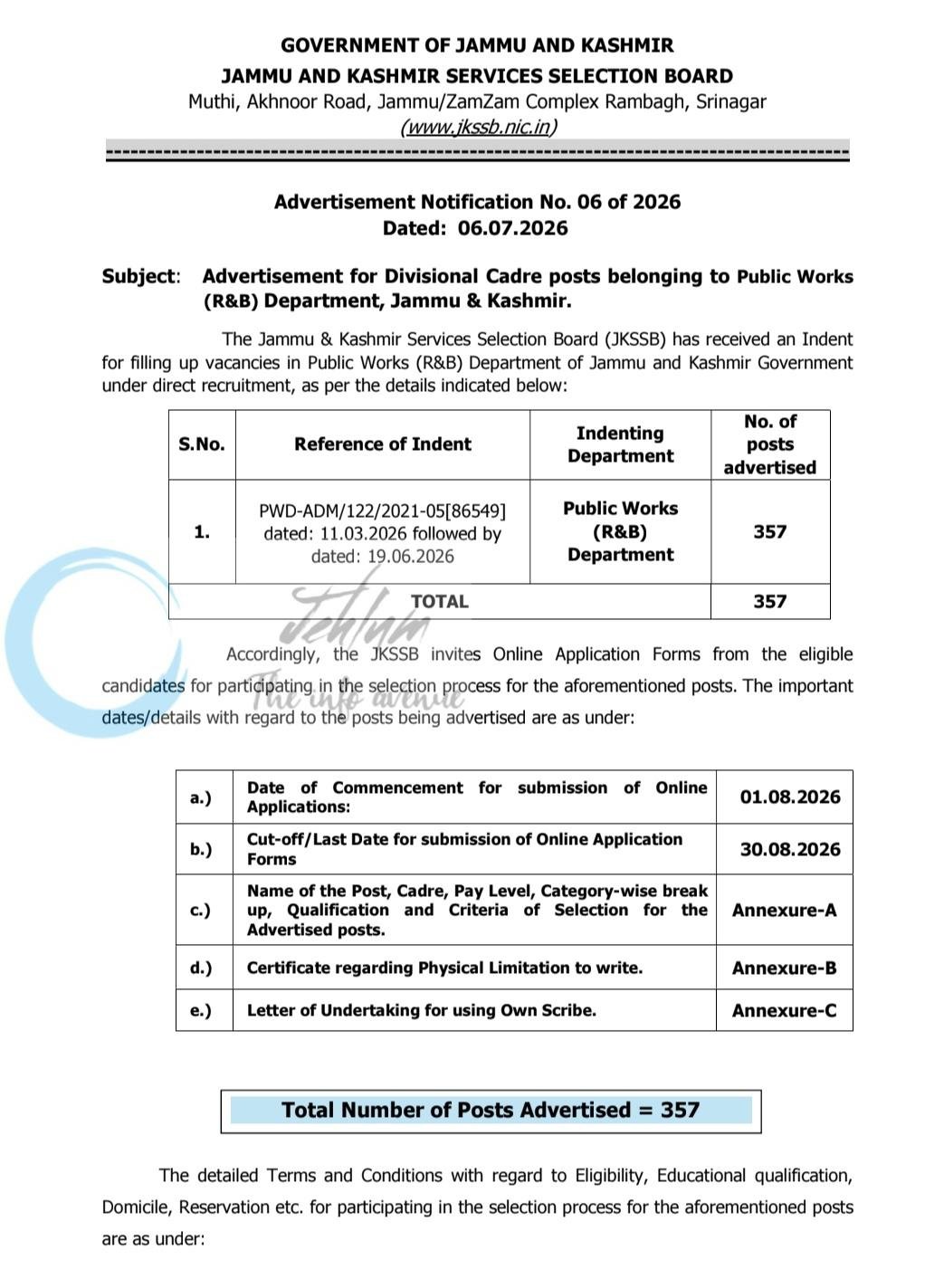 Jammu and Kashmir Services Selection Board JKSSB Public Works R&B Department Jobs Advertisement Notification No 06 of 2026 1 Jammu and Kashmir Services Selection Board JKSSB Public Works R&B Department Jobs Advertisement Notification No 06 of 2026