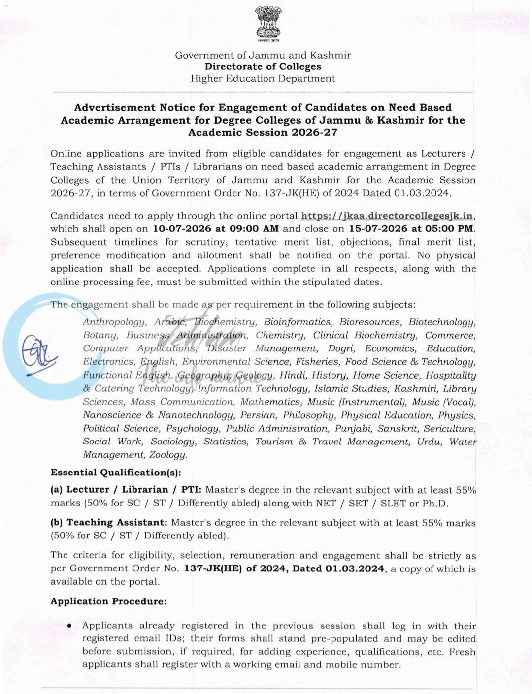 Directorate of Colleges Higher Education Department Need Based Academic Arrangement Advertisement Notice 2026