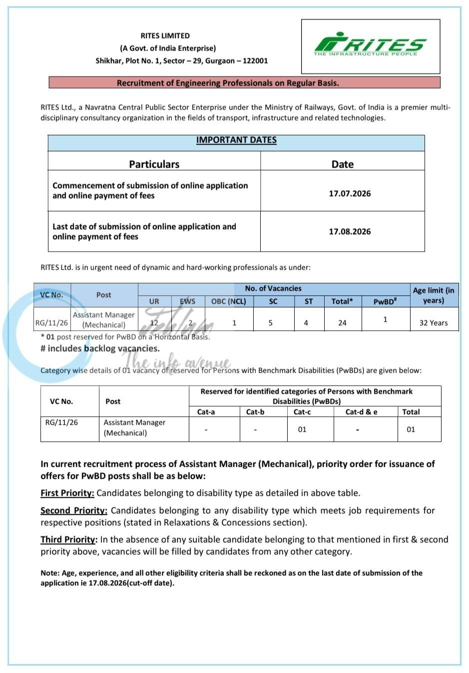 RITES Limited Ministry of Railways Gurgaon Assistant Manager Mechanical Jobs 2026 RG/11/26 1 RITES Limited Ministry of Railways Gurgaon Assistant Manager Mechanical Jobs 2026 RG/11/26