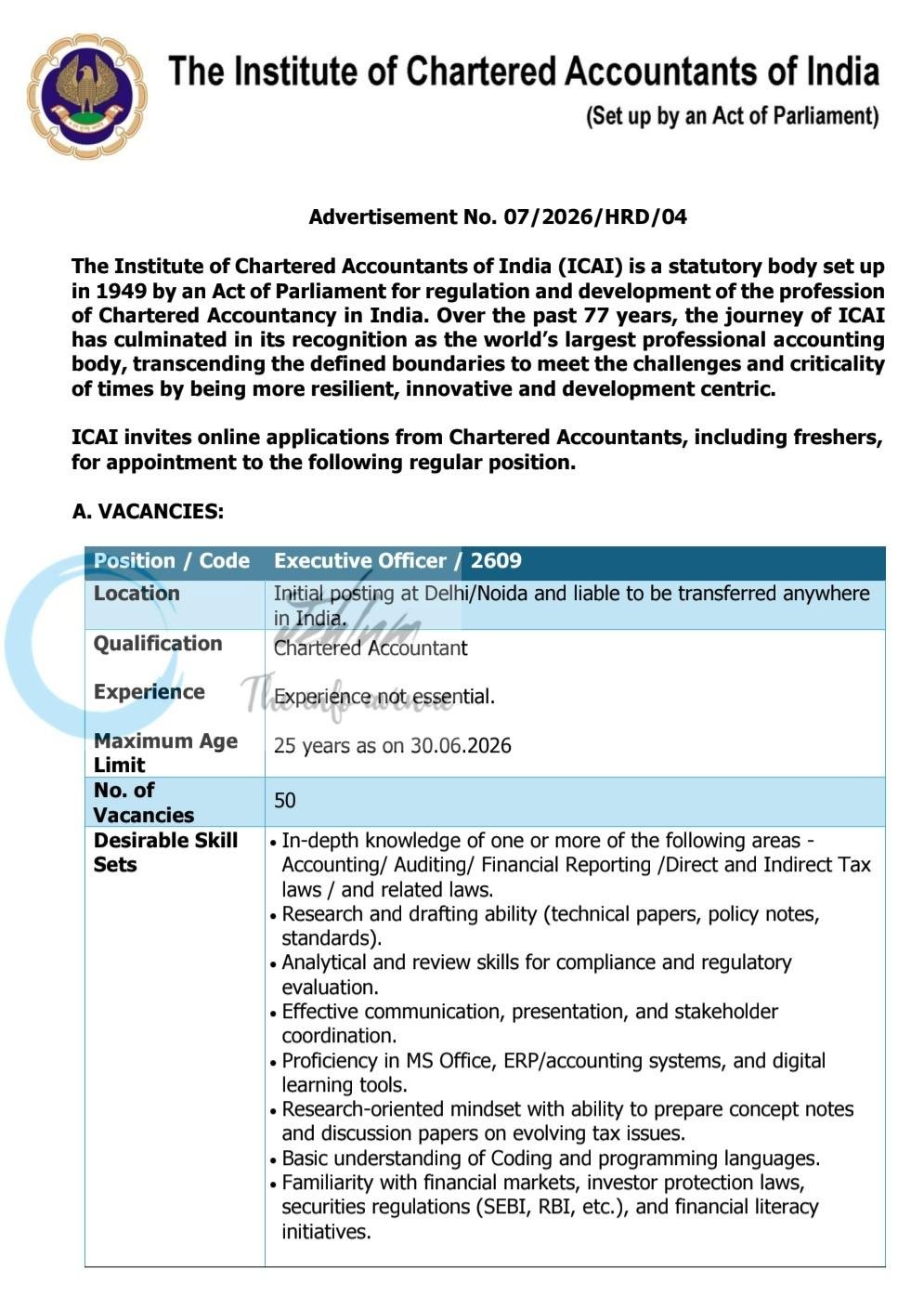 The Institute of Chartered Accountants of India ICAI New Delhi Executive Officer Jobs Recruitment Advertisement Notice 07/2026/HRD/04