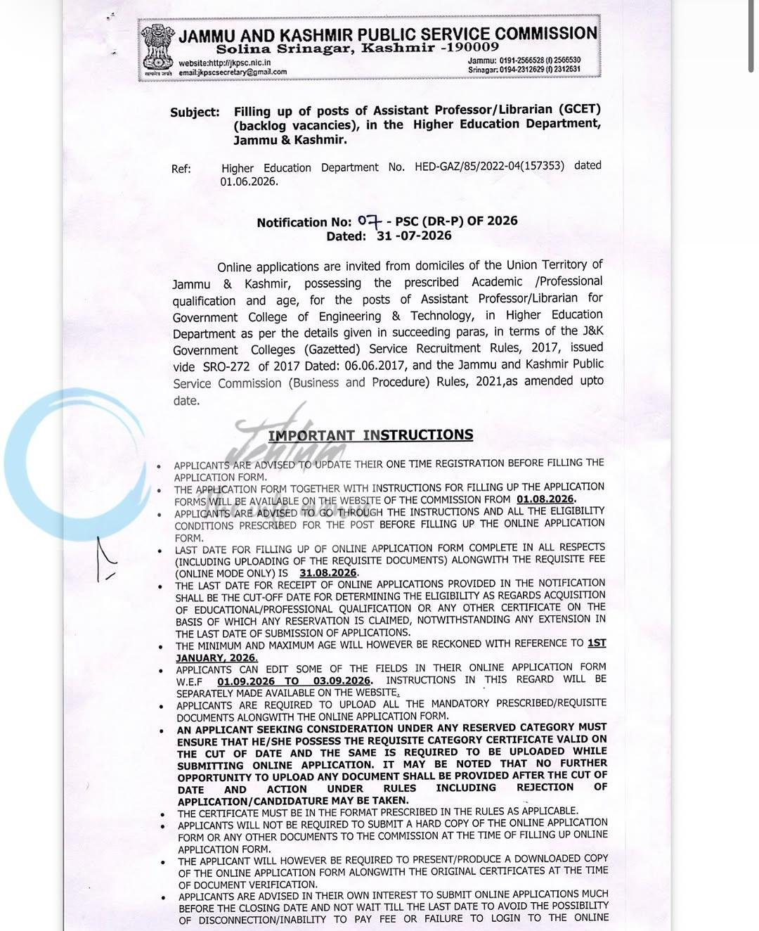 Jammu and Kashmir Public Service Commission JKPSC HED Higher Education Department GCET Assistant Professor/ Librarian Jobs 2026 07-PSC DR-P OF 2026 1 Jammu and Kashmir Public Service Commission JKPSC HED Higher Education Department GCET Assistant Professor/ Librarian Jobs 2026 07-PSC DR-P OF 2026