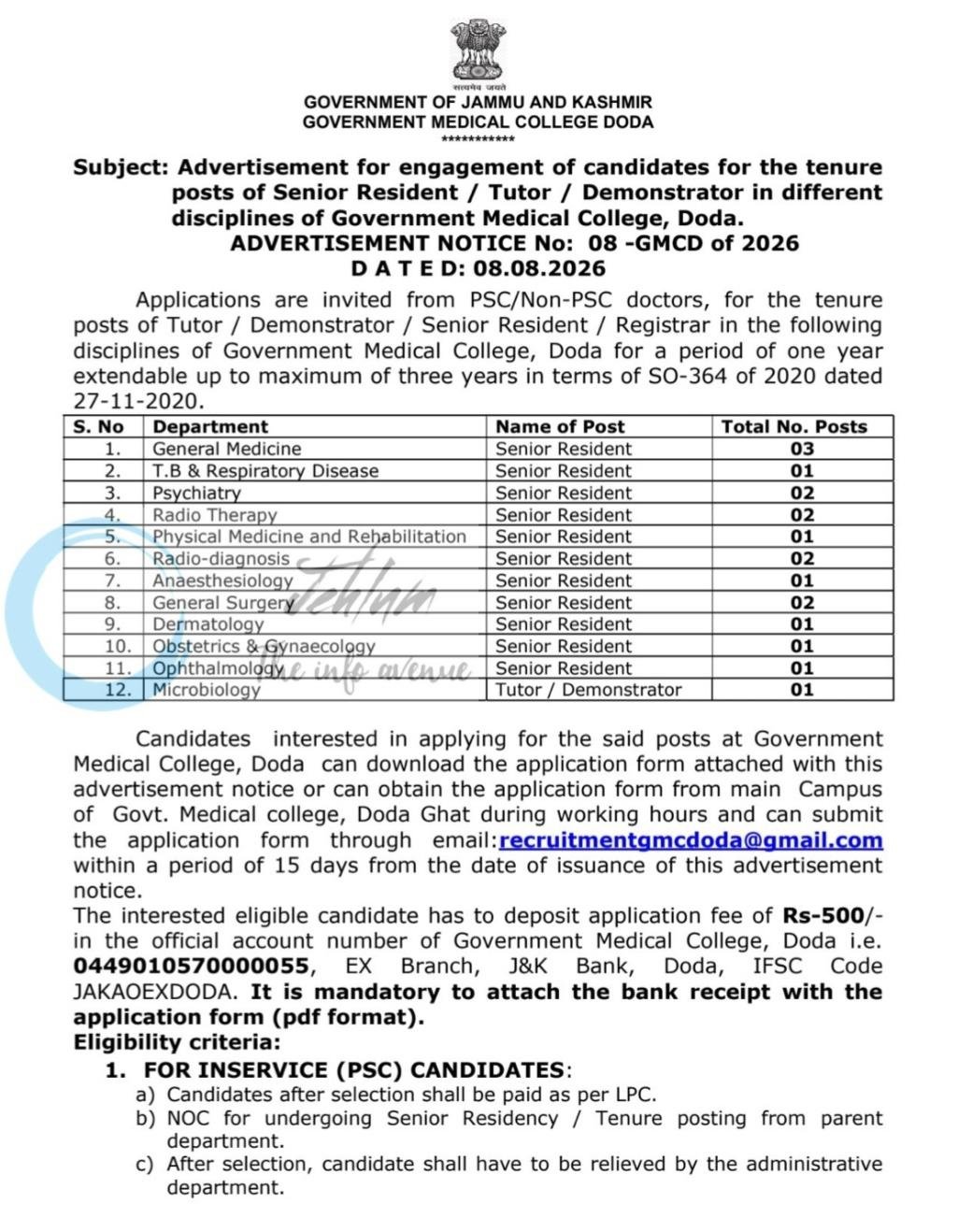 GMC Doda Senior Resident Tutor Demonstrator employment opportunities notice 2026