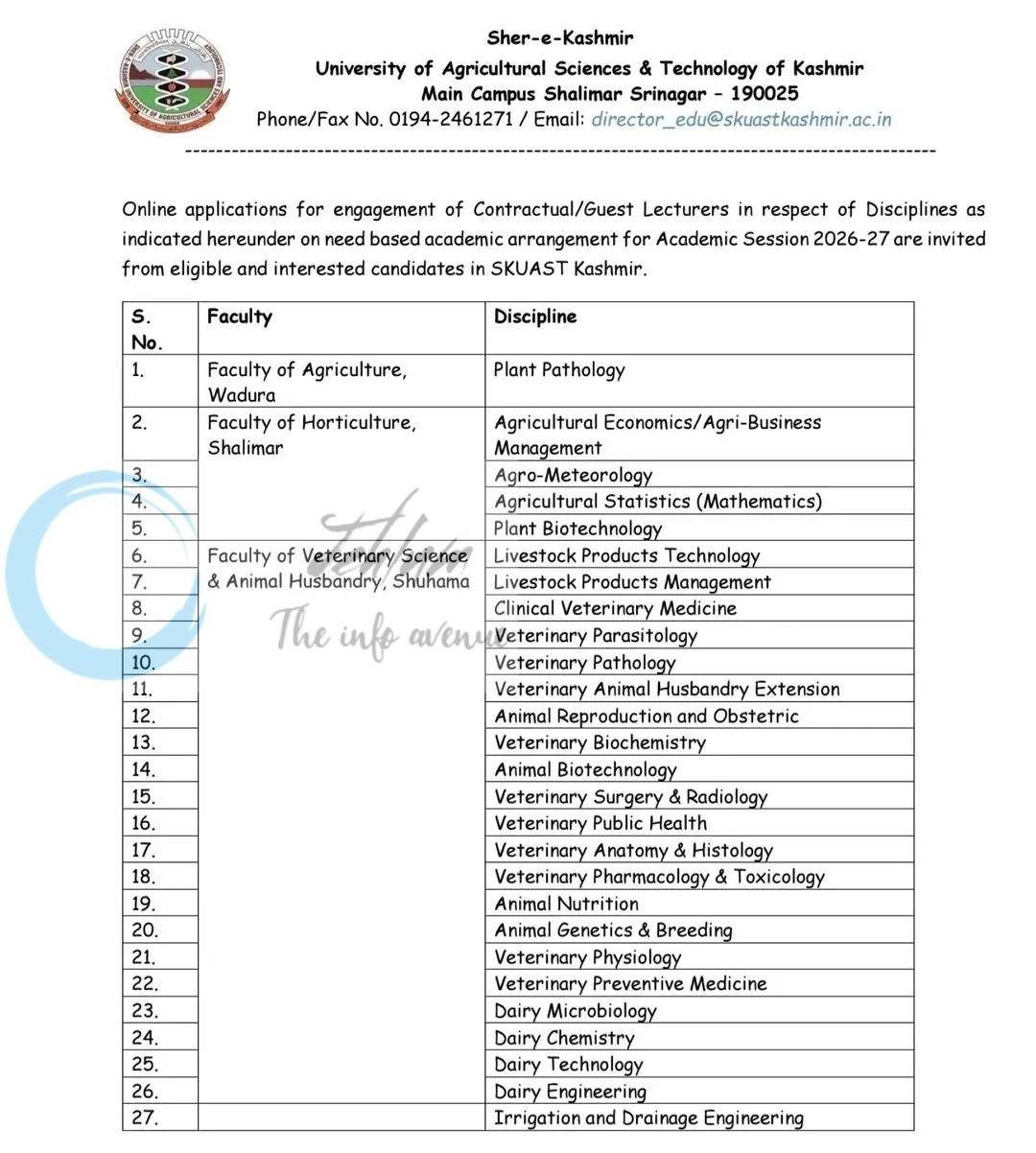 Sher-e-Kashmir University of Agricultural Sciences and Technology of Kashmir SKUAST Srinagar Contractual Guest Lecturer employment opportunities notice Au/D/EDU/G-2/1177-80