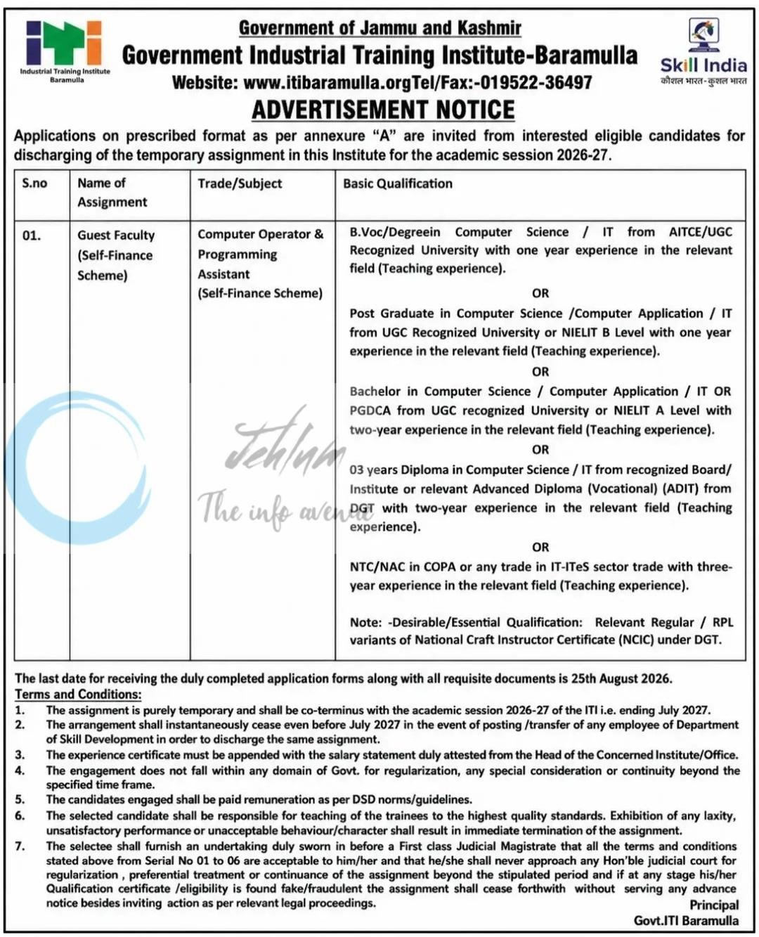 Government Industrial Training Institute ITI Baramulla Guest Faculty employment opportunities notice COPA/DIPK-4652/26