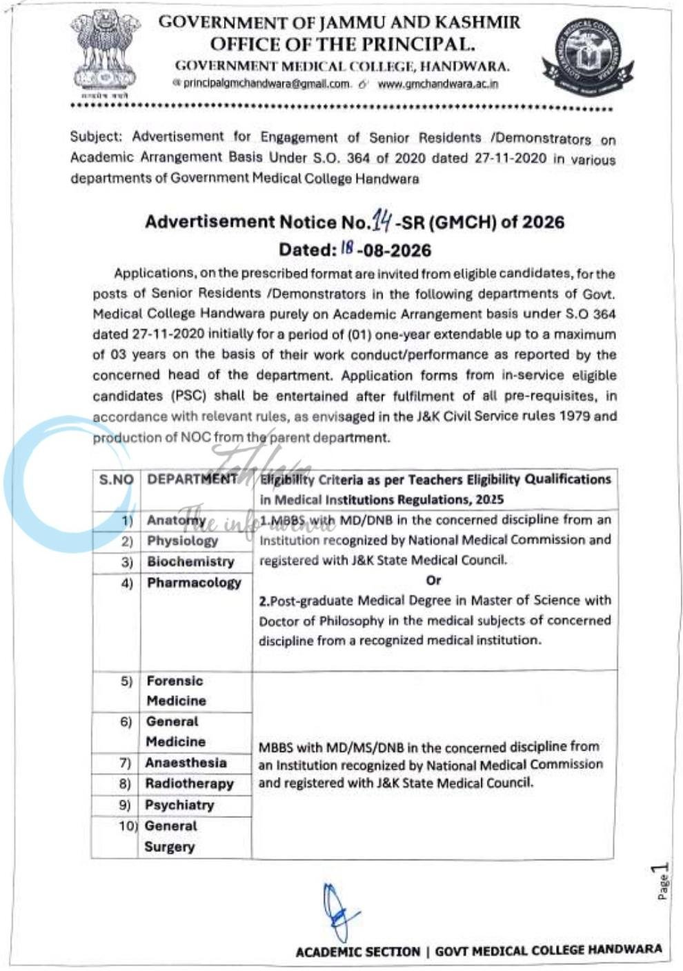 GMC Handwara Senior Resident Demonstrator employment opportunities notice 14 -SR GMCH of 2026 1 GMC Handwara Senior Resident Demonstrator employment opportunities notice 14 -SR GMCH of 2026