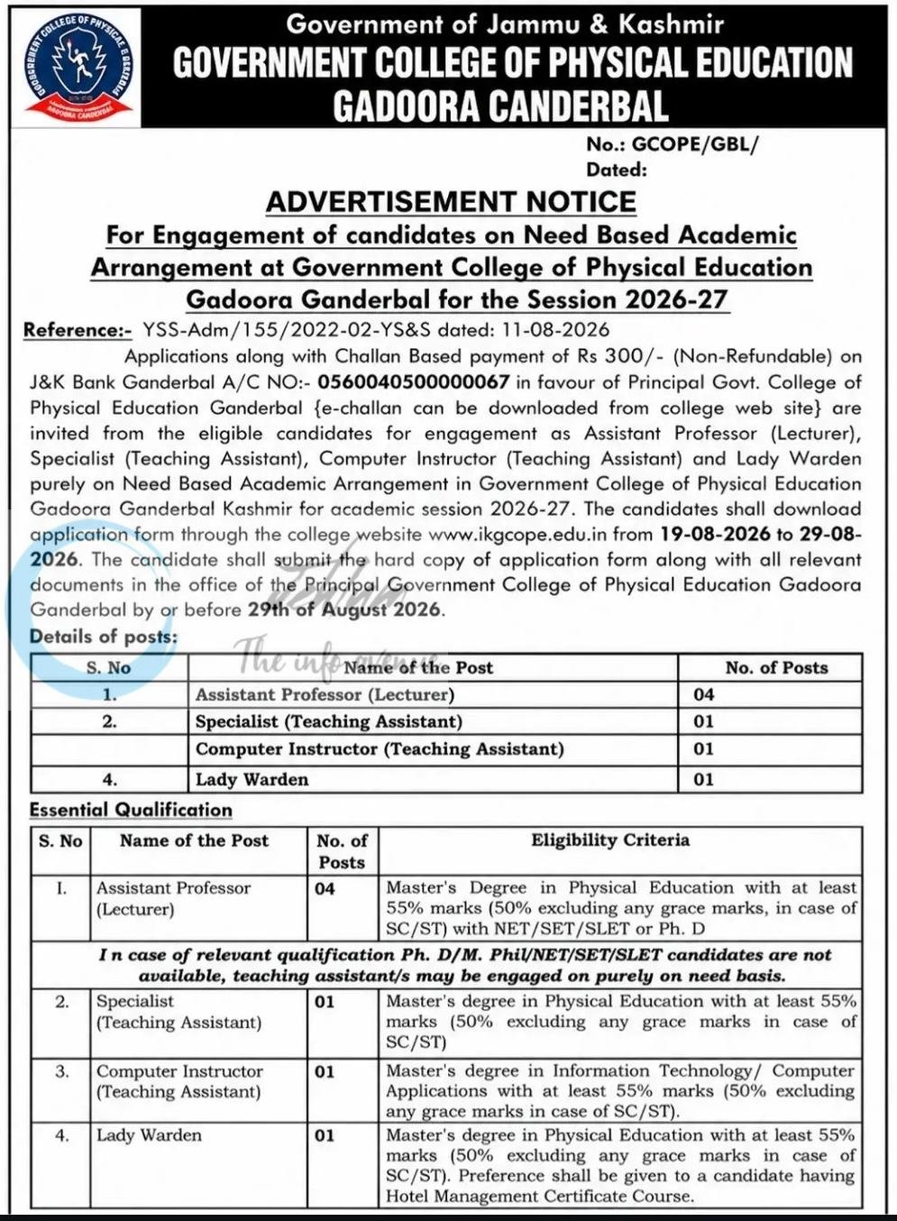 Government College of Physical Education GCOPE Ganderbal Assistant Professor Teaching Assistant Lady Warden employment opportunities notice DIPK-4759-26