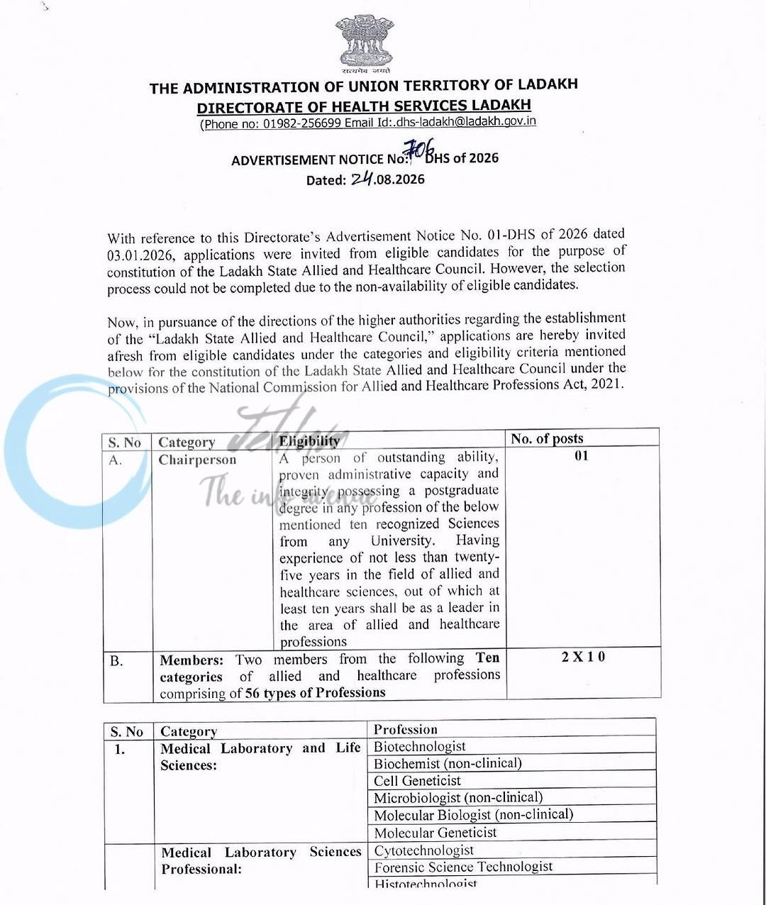 DIRECTORATE OF HEALTH SERVICES LADAKH DHS UT Ladakh Chairperson employment opportunities Notice 706 DHS of 2026