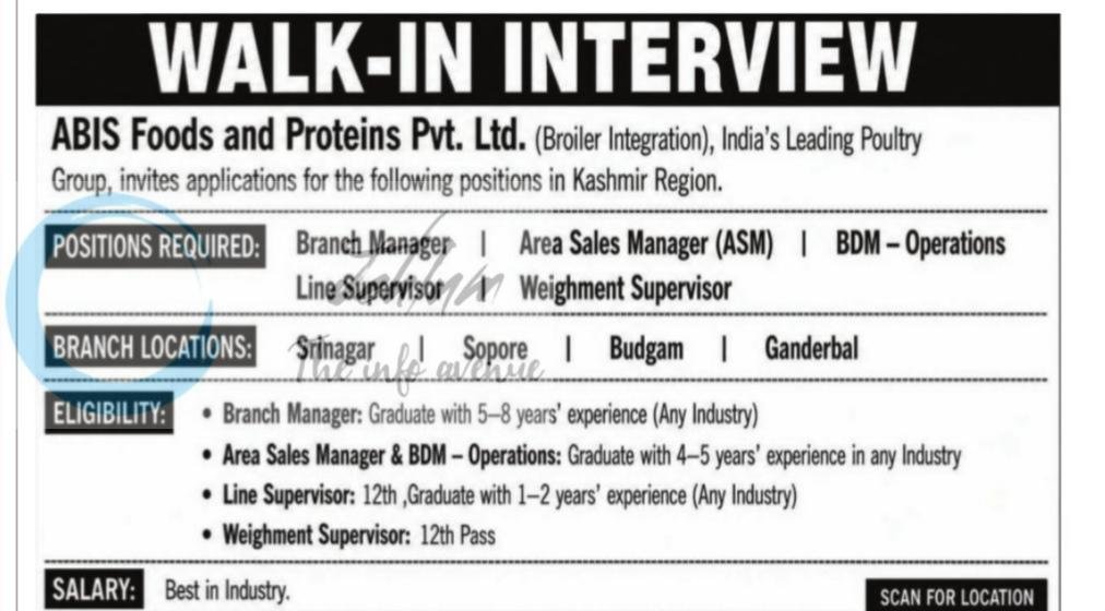 ABIS Foods and Proteins Pvt Ltd IB Group Pulwama Srinagar Branch Manager Area Sales Manager employment opportunities 2026
