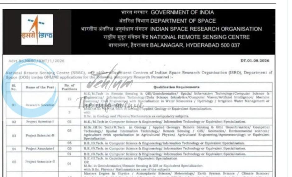 National Remote Sensing Centre NRSC ISRO Hyderabad Research Scientist Project Scientist job opportunities 2026