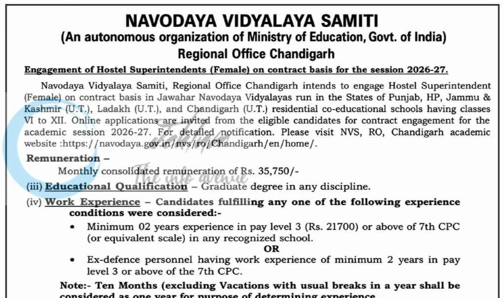 Navodaya Vidyalaya Samiti NVS Chandigarh Hostel Superintendent employment opportunities 2026 1 Navodaya Vidyalaya Samiti NVS Chandigarh Hostel Superintendent employment opportunities 2026