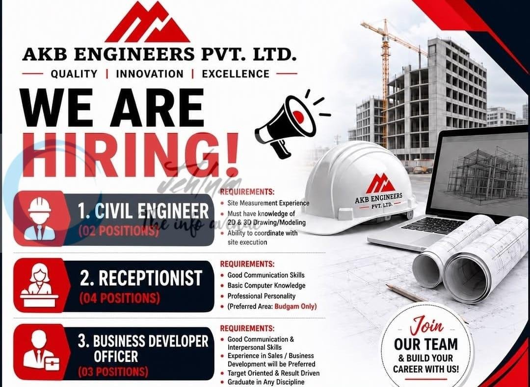 AKB Engineers Pvt Ltd Budgam Civil Engineer Receptionist job opportunities 2026