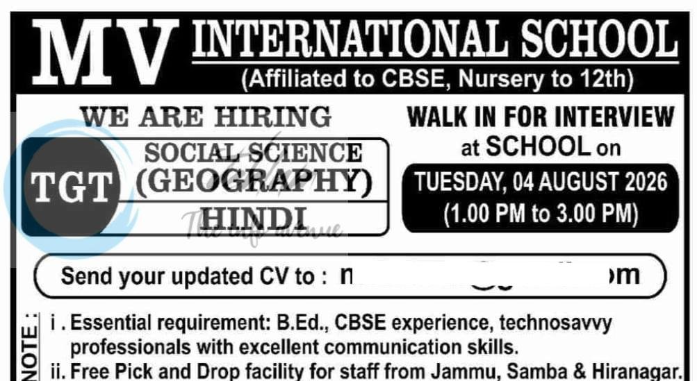 MV International School Samba teaching job opportunities 2026