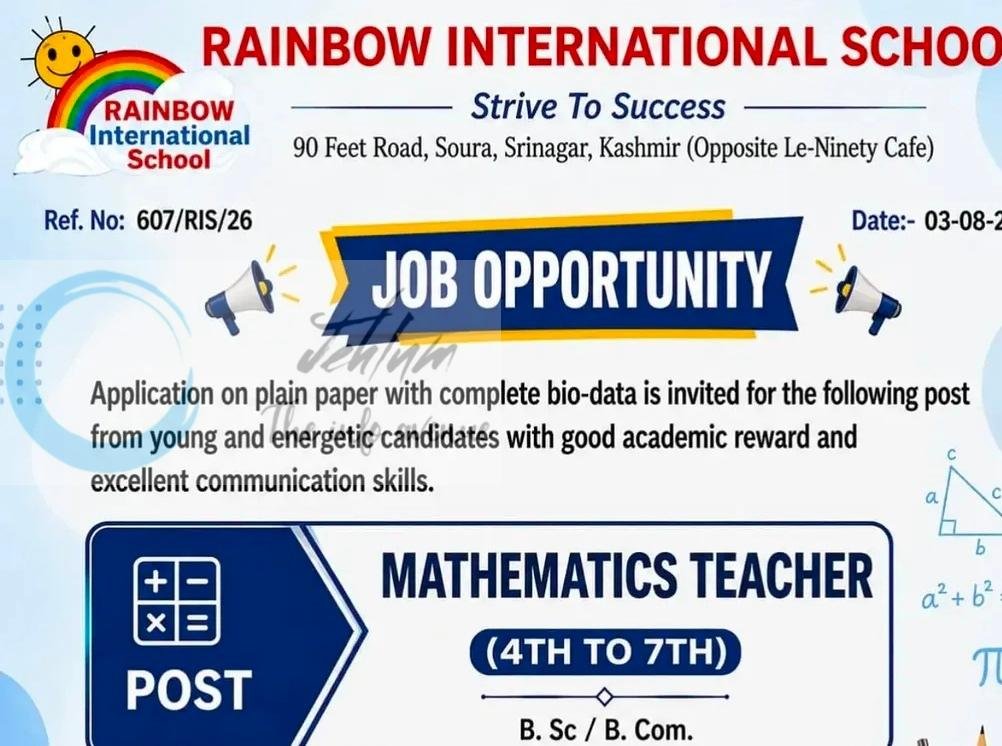 Rainbow International School Soura Srinagar teaching job opportunities 2026