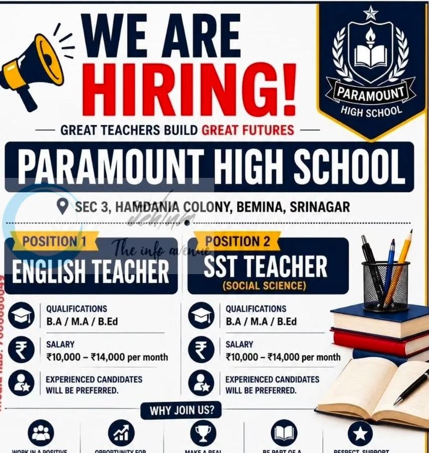Paramount High School Srinagar teacher job opportunities 2026