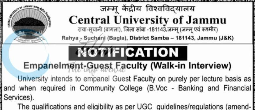 Central University of Jammu Guest Faculty employment opportunities notice CUJ/Estab/T/11/G/F/2026/902