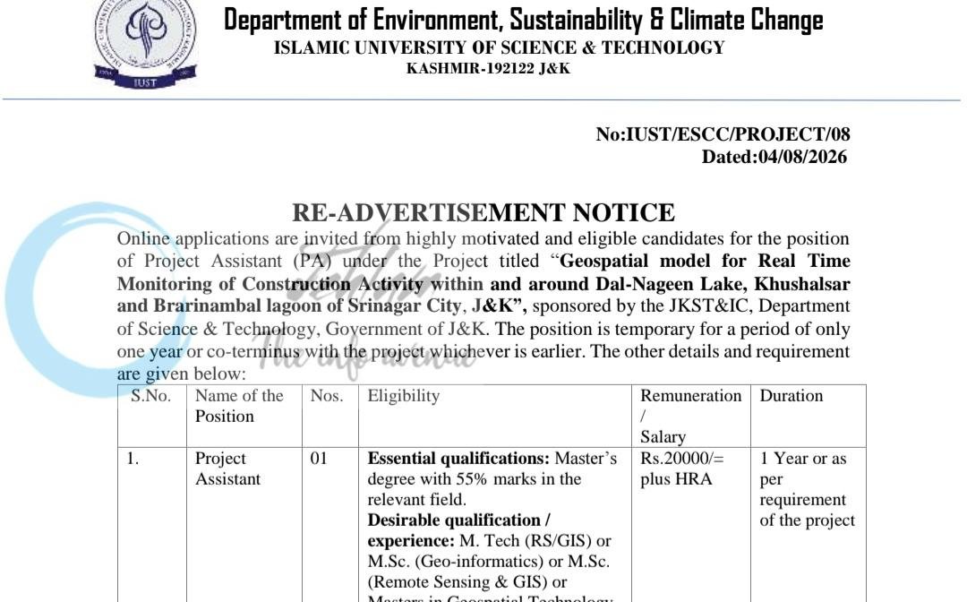 IUST Pulwama Project Assistant employment opportunities notice IUST/ESCC/PROJECT/08