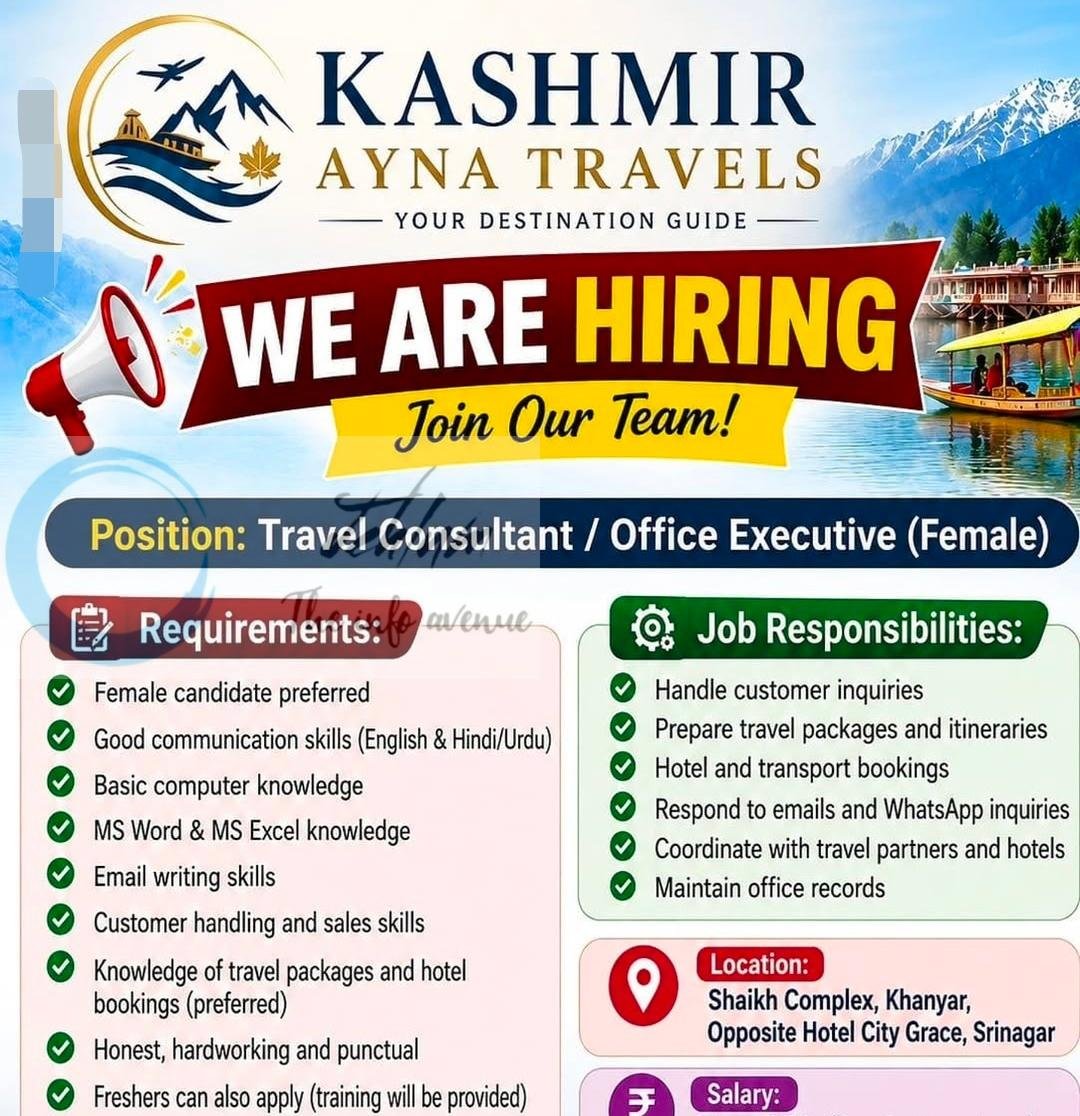 Kashmir Ayna Travels Srinagar Travel Consultant Office Executive job opportunities 2026