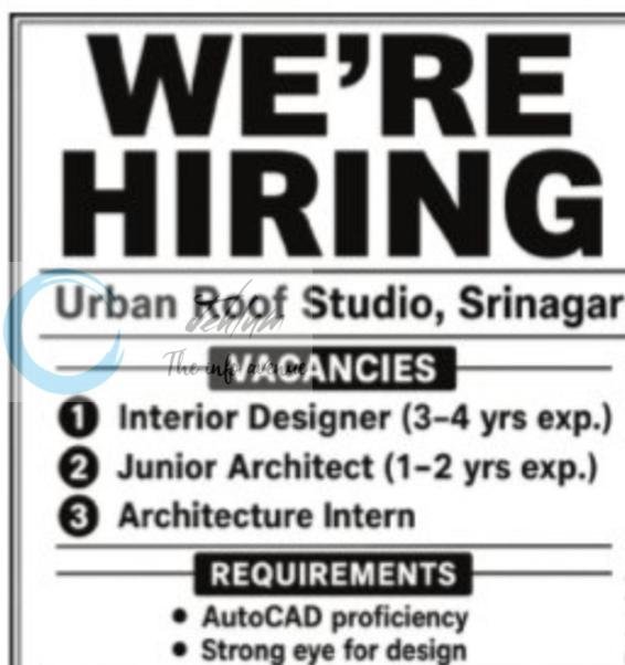 Urban Roof Studio Srinagar Interior Designer Junior Architect Intern opportunities 2026 1 Urban Roof Studio Srinagar Interior Designer Junior Architect Intern opportunities 2026