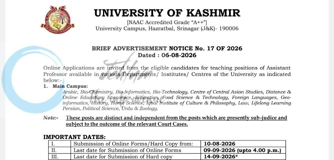 University of Kashmir Assistant Professor employment opportunities notice 17 of 2026 
