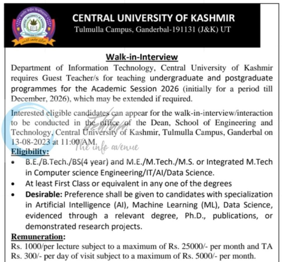Central University of Kashmir CUK Department of Information Technology Guest Teacher Recruitment Notification No CUKmr/SoET/Fno 64/26/352