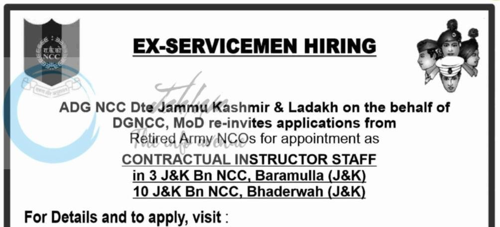 Ex-servicemen ADG NCC Dte Jammu Kashmir & Ladakh Contractual Instructor Staff 3 J&K Bn Baramulla/ 10 J&K Bn Bhaderwah Recruitment Advertisement Notice 2026