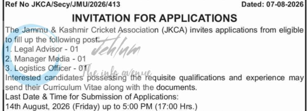 Jammu and Kashmir Cricket Association JKCA Legal Advisor/ Manager Media/ Logistics Officer Jobs Recruitment Advertisement 2026