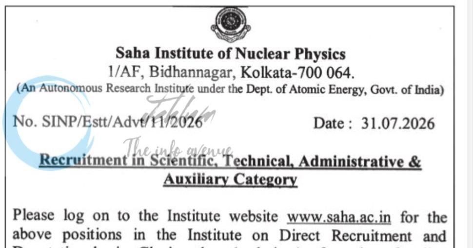 Saha Institute of Nuclear Physics SINP Kolkata employment opportunities notice SINP/Estt/Advt/11/2026 1 Saha Institute of Nuclear Physics SINP Kolkata employment opportunities notice SINP/Estt/Advt/11/2026