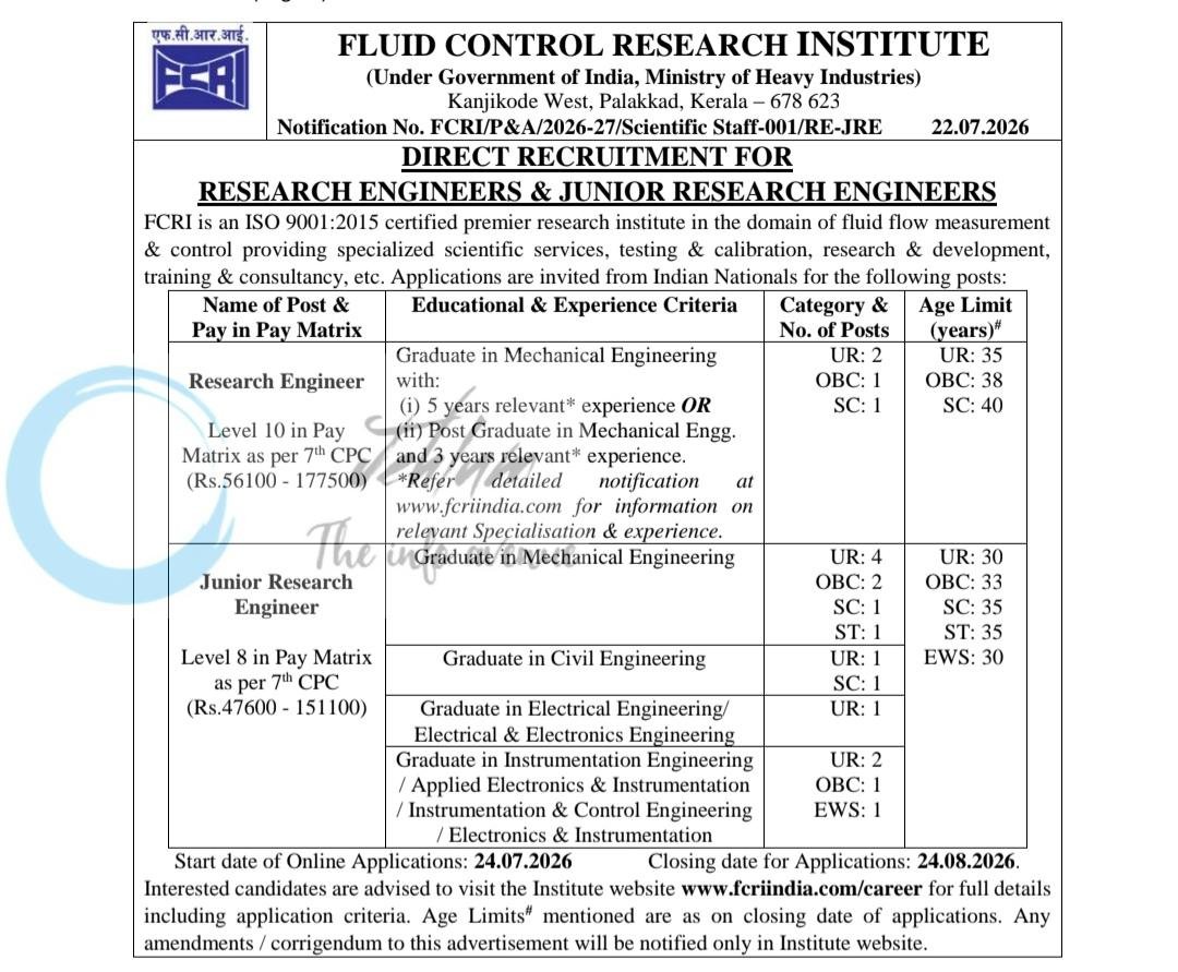 Fluid Control Research Institute FCRI Palakkad Research Engineers Junior Research Engineers employment opportunities notice FCRI/PandA/2026-27/Scientific Staff-001/RE-JRE