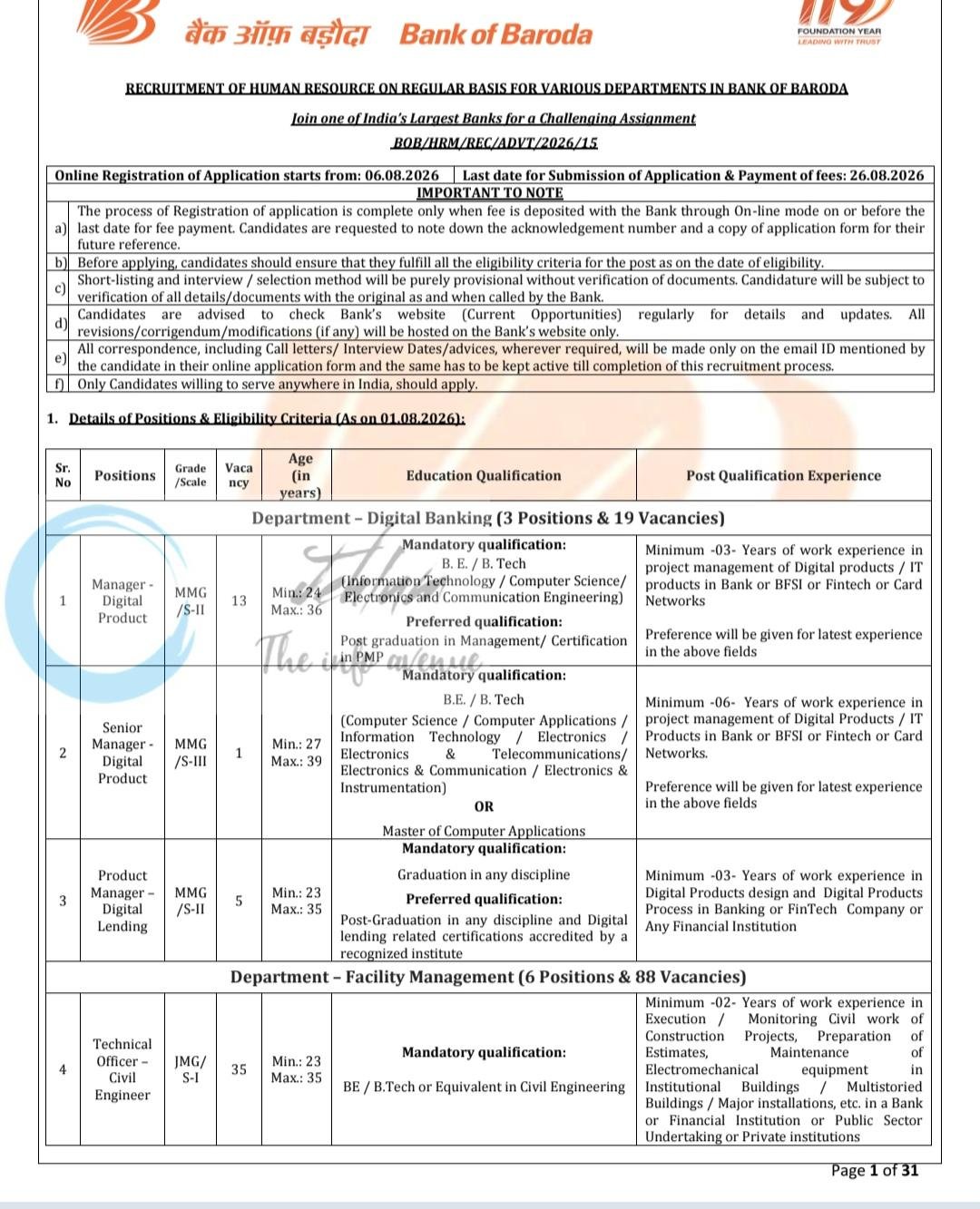 Bank of Baroda BOB Specialist Officers Technical Officers Managers employment opportunities notice BOB/HRM/REC/ADVT/2026/15 1 Bank of Baroda BOB Specialist Officers Technical Officers Managers employment opportunities notice BOB/HRM/REC/ADVT/2026/15