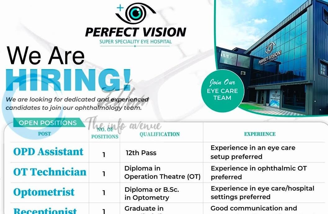Perfect Vision Super Speciality Eye Hospital Srinagar OPD Assistant OT Technician Optometrist employment opportunities 2026 1 Perfect Vision Super Speciality Eye Hospital Srinagar OPD Assistant OT Technician Optometrist employment opportunities 2026