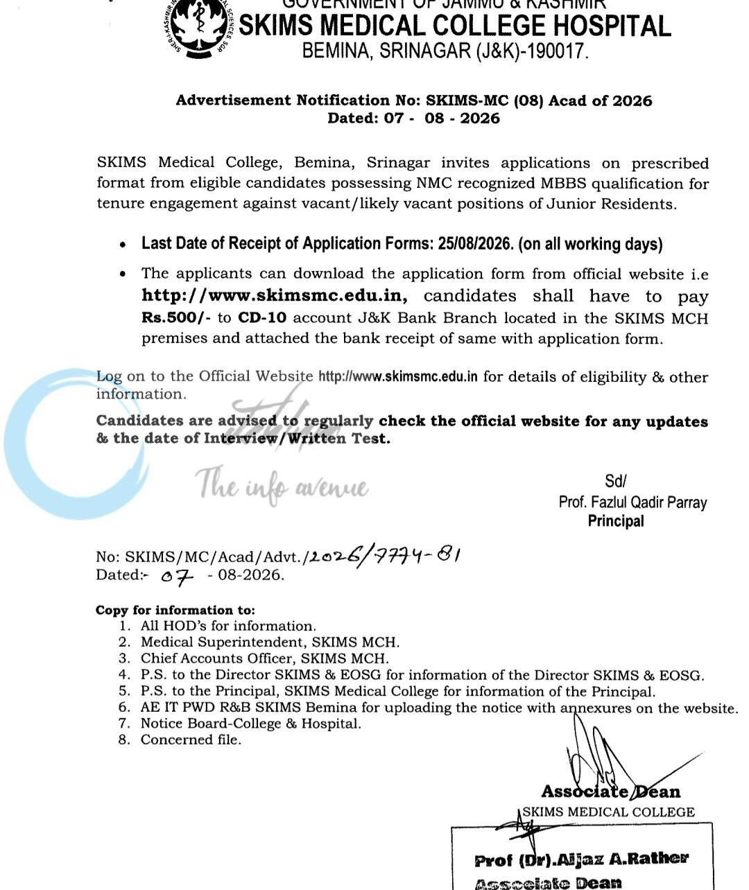 SKIMS Medical College SKIMS MC Srinagar Junior Resident employment opportunities notice SKIMS-MC/08/Acad of 2026
