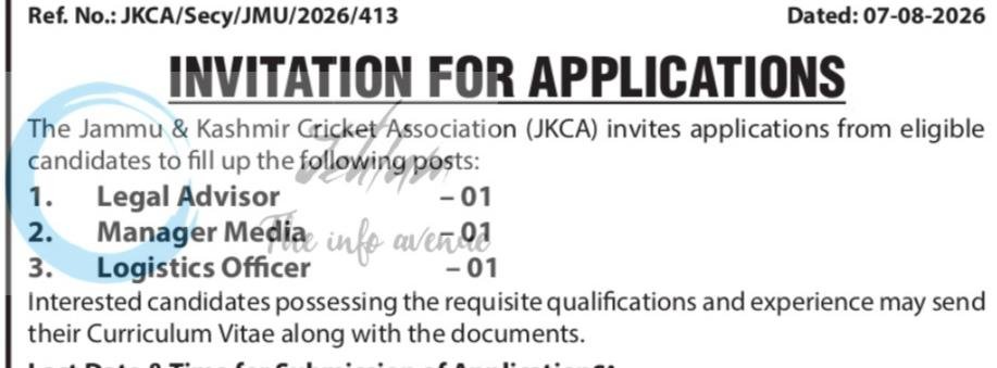 Jammu and Kashmir Cricket Association JKCA Jammu Legal Advisor Manager Media Logistics Officer employment opportunities notice JKCA/Secy/JMU/2026/413 1 Jammu and Kashmir Cricket Association JKCA Jammu Legal Advisor Manager Media Logistics Officer employment opportunities notice JKCA/Secy/JMU/2026/413